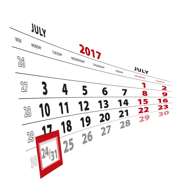 24 Julio destacado en el calendario 2017. La semana comienza el lunes . — Vector de stock