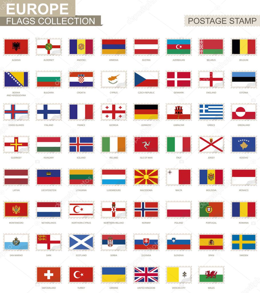 Postage stamp with Europe flags. Set of 62 European flag. 