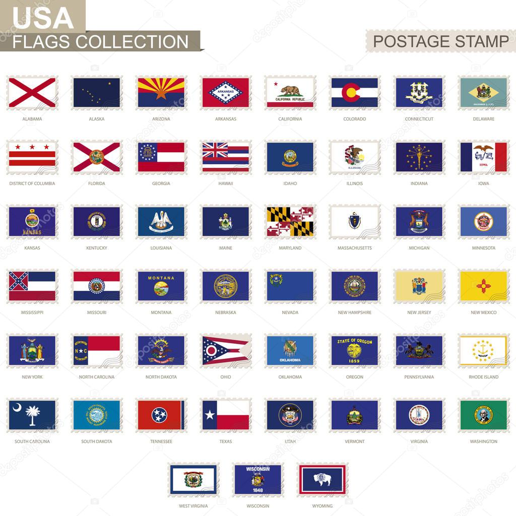 Postage stamp with USA State flags. Set of 51 US states flag.