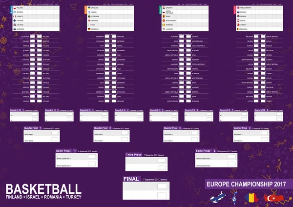 Baloncesto 2017, calendario de partidos de Europa 2017, todos los partidos, hora y lugar . — Archivo Imágenes Vectoriales