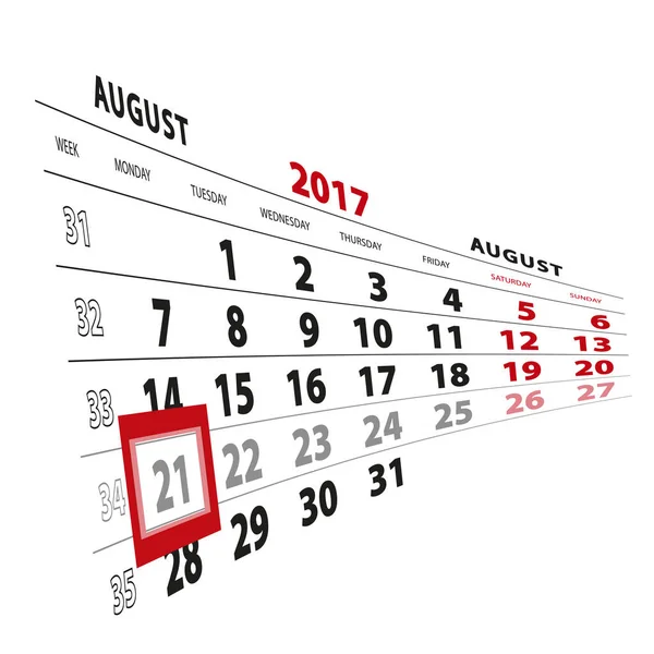 21 Agosto destacado en el calendario 2017. La semana comienza el lunes . — Vector de stock