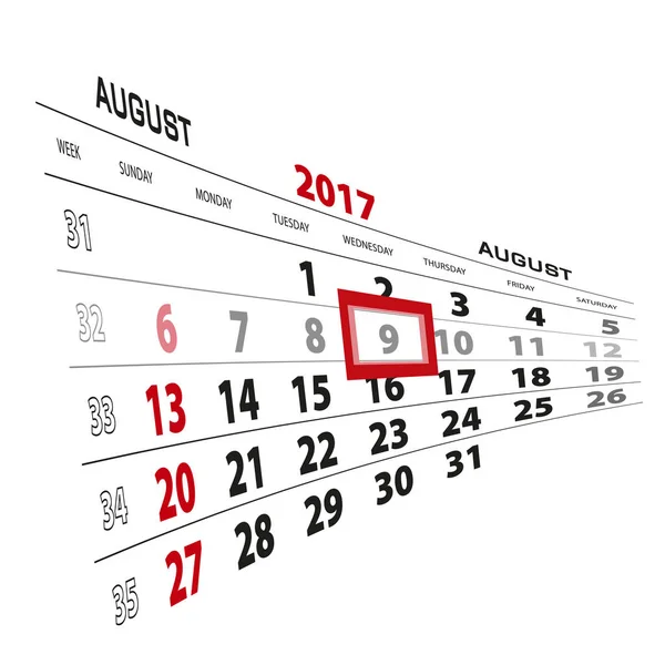 Augusztus 9-én, kiemelve a naptár 2017. A héten indul vasárnap. — Stock Vector