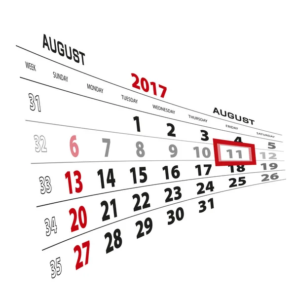 Der 11. August steht im Kalender 2017. Woche beginnt am Sonntag — Stockvektor