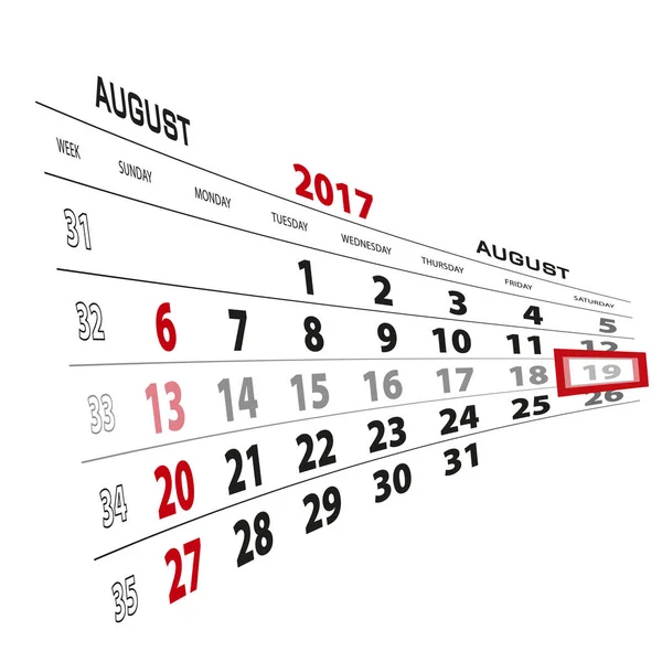 19 de agosto, destacado no calendário de 2017. Semana começa a partir de domingo —  Vetores de Stock