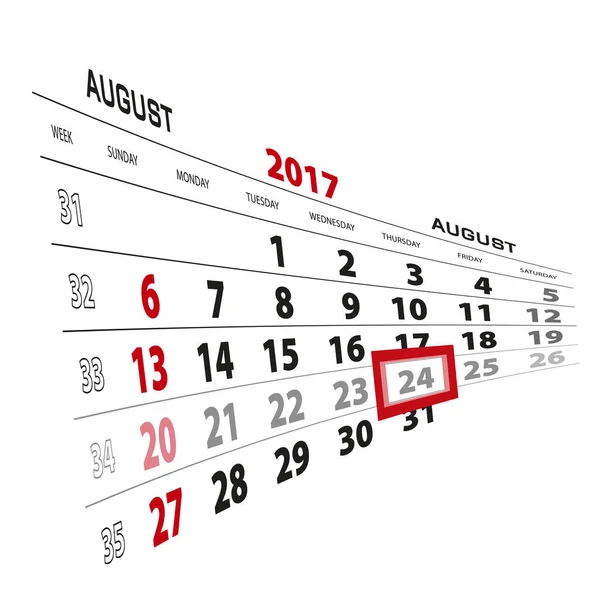 24 Agustus, ditandai pada kalender 2017. Minggu dimulai dari hari Minggu - Stok Vektor