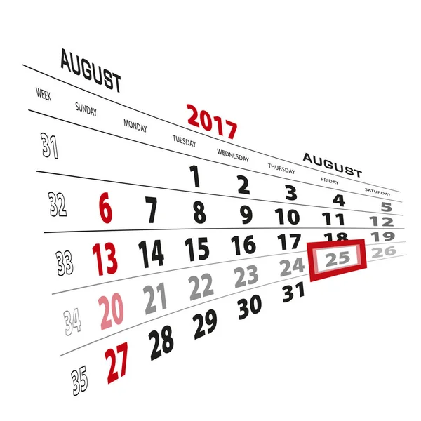 25 de agosto, destacado no calendário de 2017. Semana começa a partir de domingo — Vetor de Stock