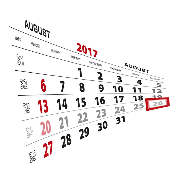 26 de agosto, em destaque no calendário de 2017. Semana começa a partir de domingo — Vetor de Stock