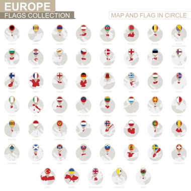 Harita ve bayrak bir dairede, Europe ülkeler koleksiyonu. 