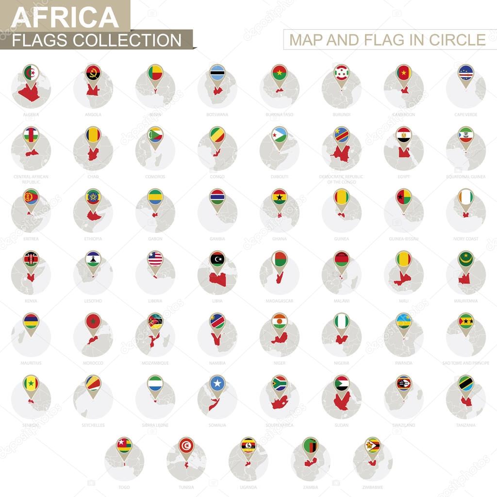 Map and Flag in Circle, Africa Countries Collection. 