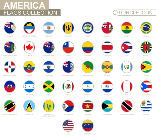 Bandeiras de círculo alfabeticamente ordenadas da América. Conjunto de bandeiras redondas — Vetor de Stock
