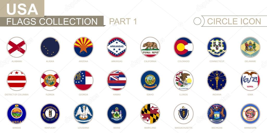 Alphabetically sorted circle flags of US States. From Alabama to Minnesota. 