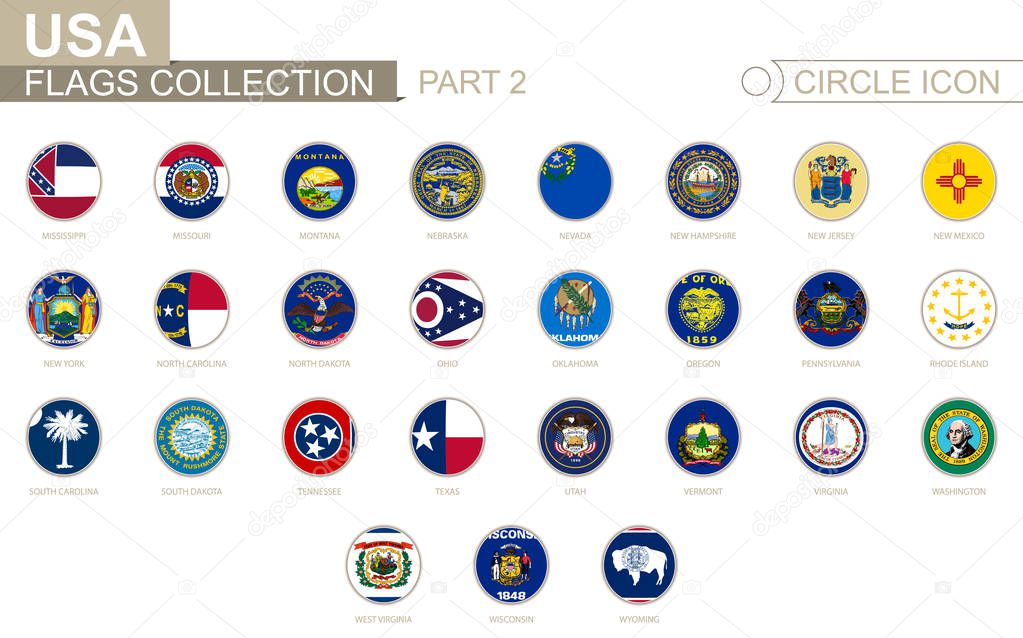 Alphabetically sorted circle flags of US States. From Mississippi to Wyoming. 