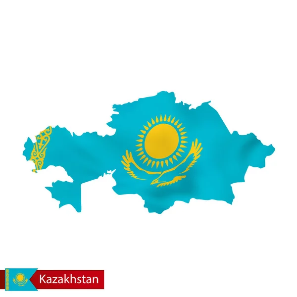 Kazajstán mapa con la bandera ondeante del país . — Vector de stock