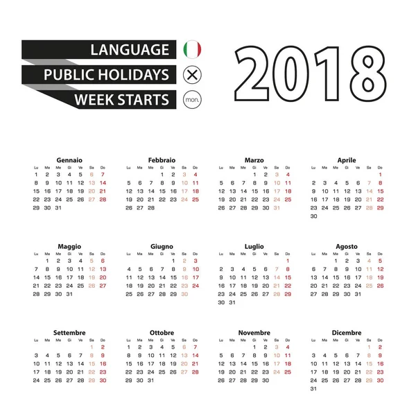 Calendário 2018 em língua italiana. Semana começa a partir de segunda-feira . —  Vetores de Stock