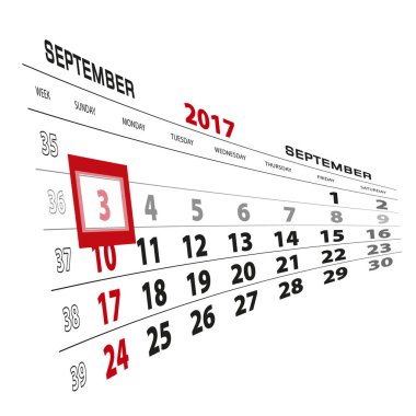 3 Eylül, 2017 takvimde vurgulanır. Pazar hafta başlıyor
