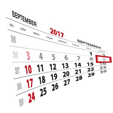 9 Eylül, 2017 takvimde vurgulanır. Pazar hafta başlıyor