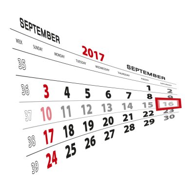 16 Eylül, 2017 takvimde vurgulanır. Pazar hafta başlıyor