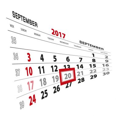 Eylül 20, 2017 takvimde vurgulanır. Pazar hafta başlıyor