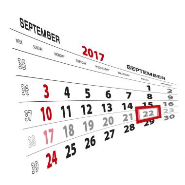 22 Eylül, 2017 takvimde vurgulanır. Pazar hafta başlıyor