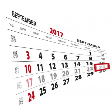 23 Eylül, 2017 takvimde vurgulanır. Pazar hafta başlıyor
