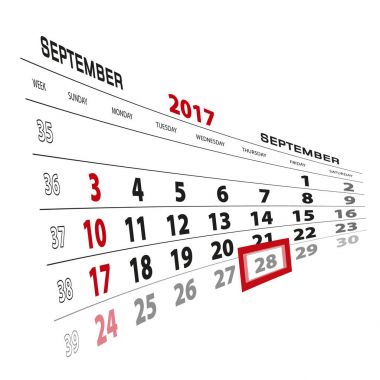 28 Eylül, 2017 takvimde vurgulanır. Pazar hafta başlıyor