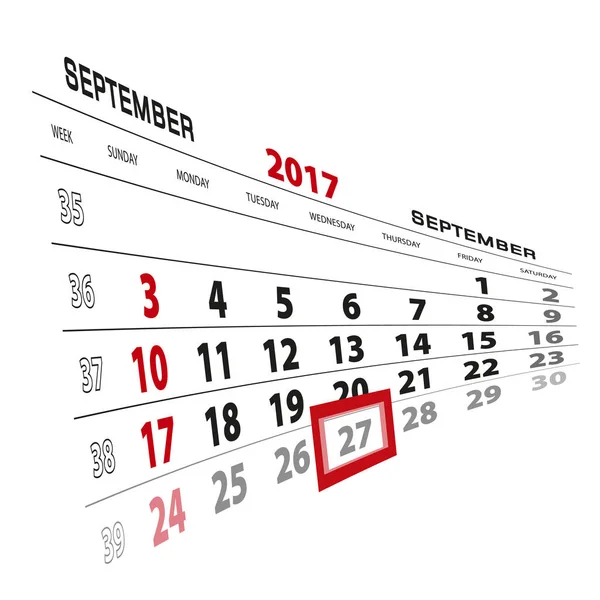 27 września, wyróżniony na 2017 roku kalendarzowego. Tydzień zaczyna się od niedzieli — Wektor stockowy