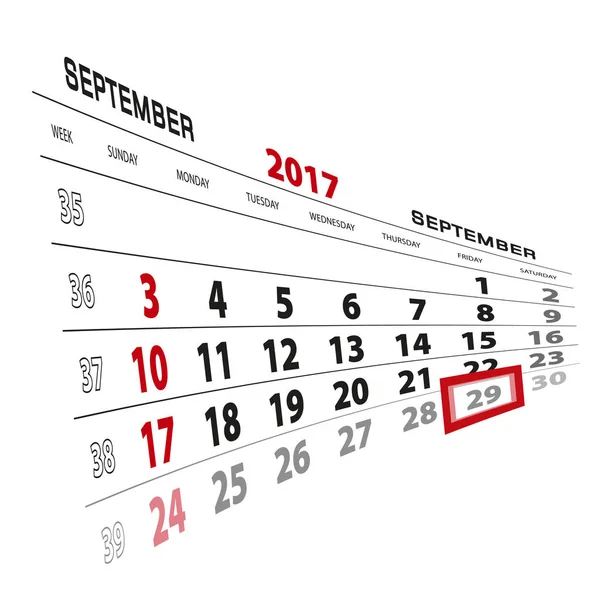 29 września, wyróżniony na 2017 roku kalendarzowego. Tydzień zaczyna się od niedzieli — Wektor stockowy