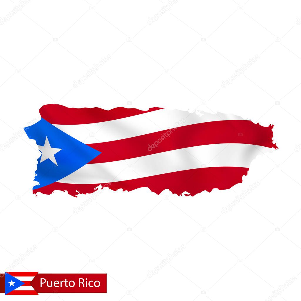 Puerto Rico map with waving flag of country. 