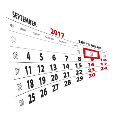 2 Eylül takvim 2017 vurgulanır. Monda hafta başladı