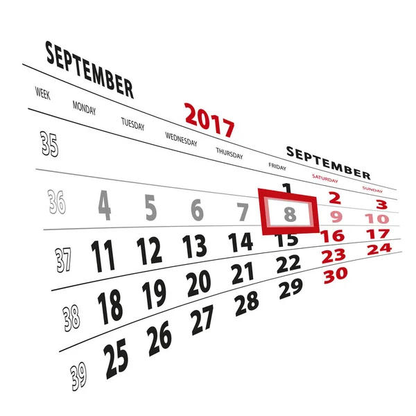 8 września wyróżnione na kalendarz 2017. Tydzień zaczyna się od Monda — Wektor stockowy