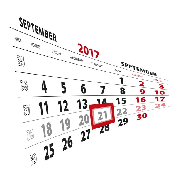 21 września wyróżnione na kalendarz 2017. Tydzień zaczyna się od Mond — Wektor stockowy