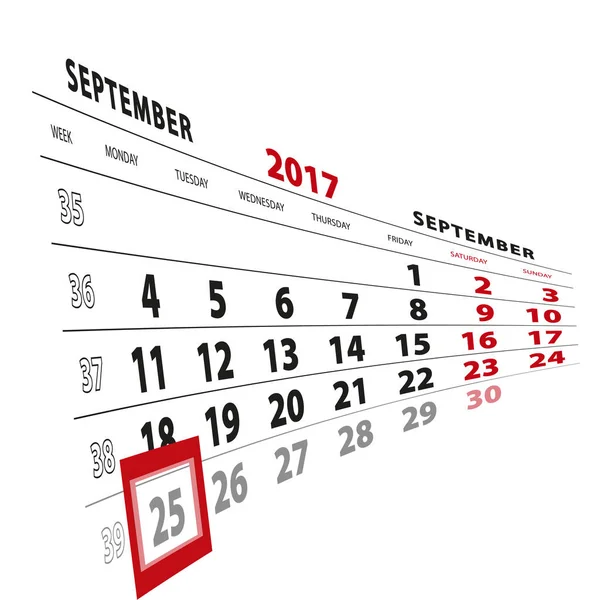 25 września wyróżnione na kalendarz 2017. Tydzień zaczyna się od Mond — Wektor stockowy