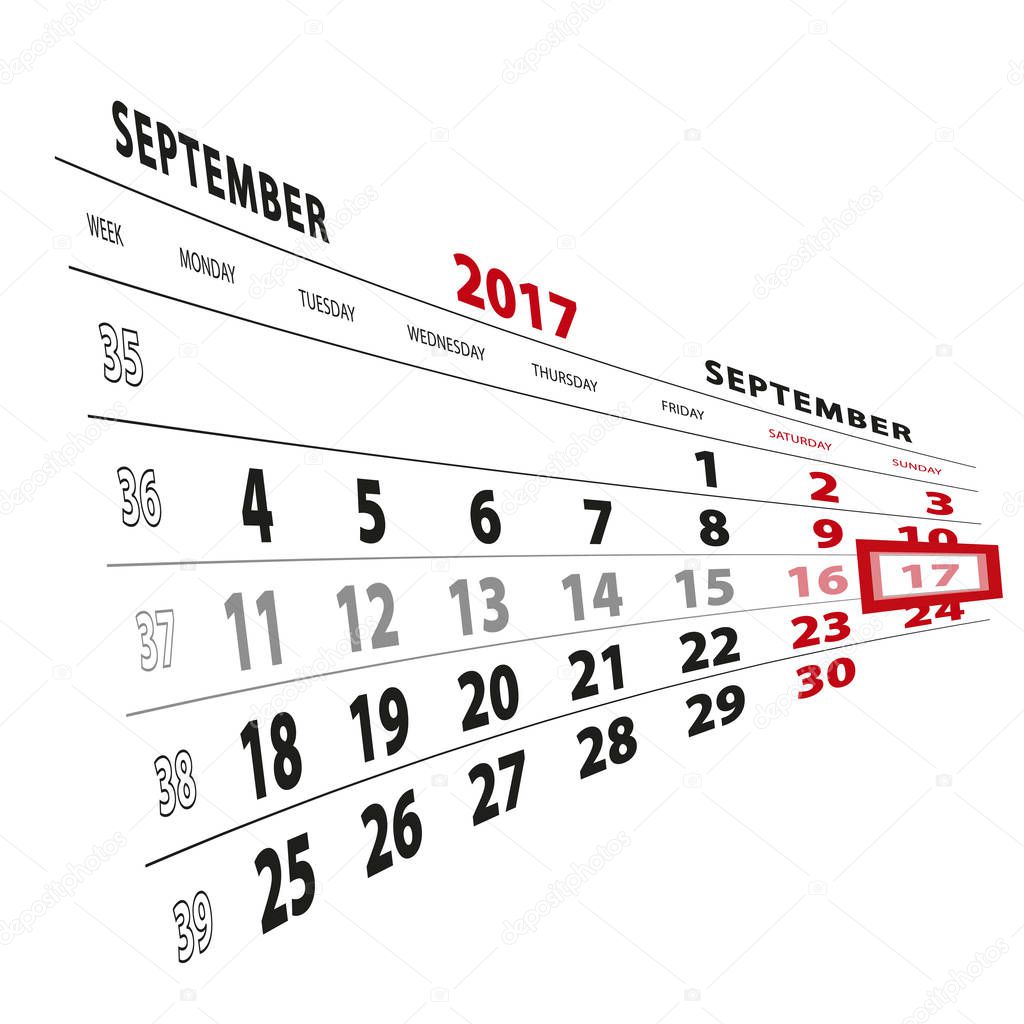17 September highlighted on calendar 2017. Week starts from Mond