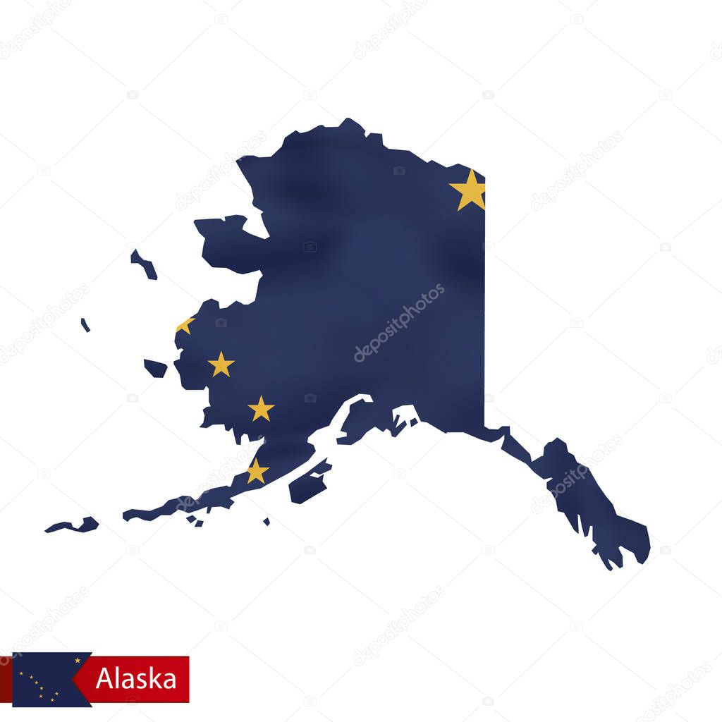 Alaska state map with waving flag of US State. 