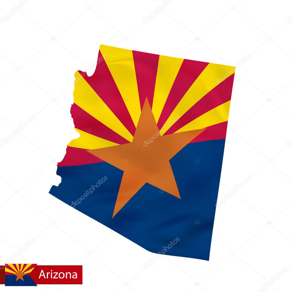 Arizona state map with waving flag of US State. 