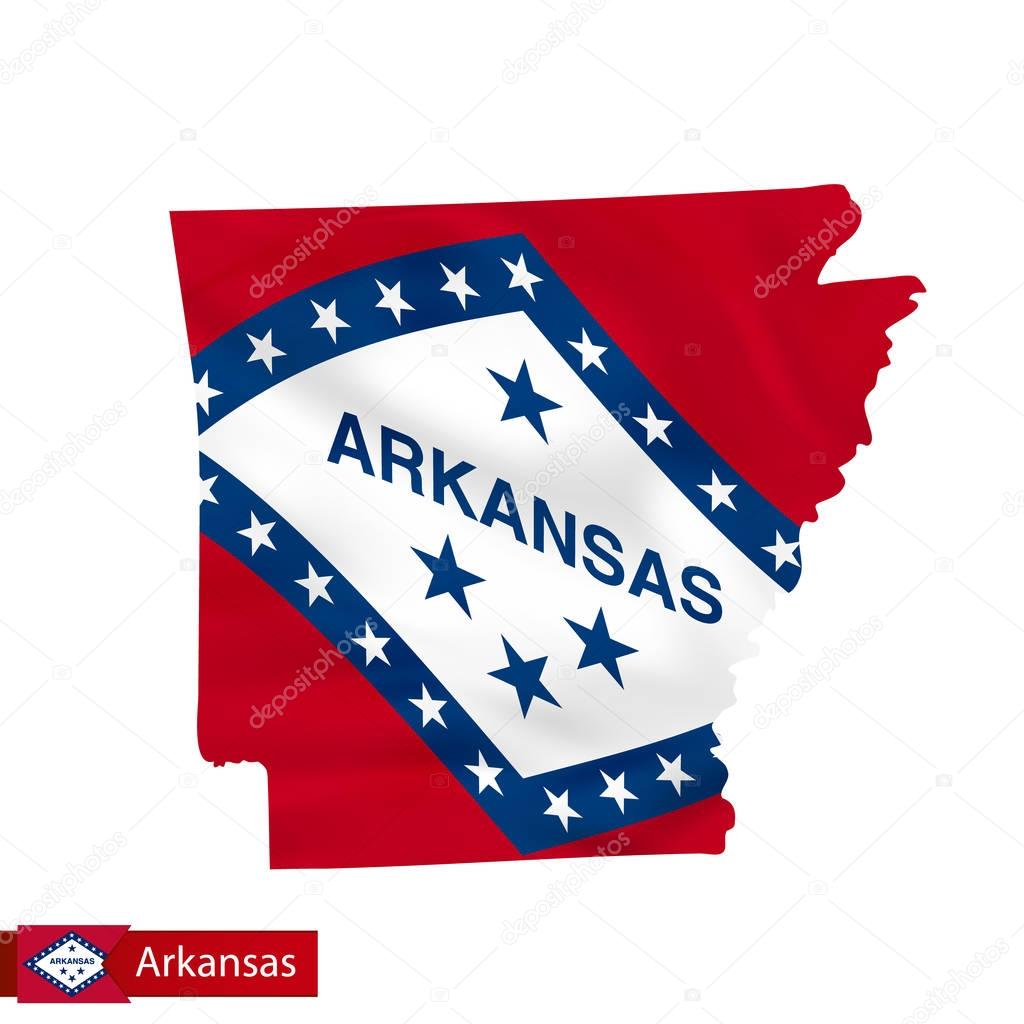 Arkansas state map with waving flag of US State. 
