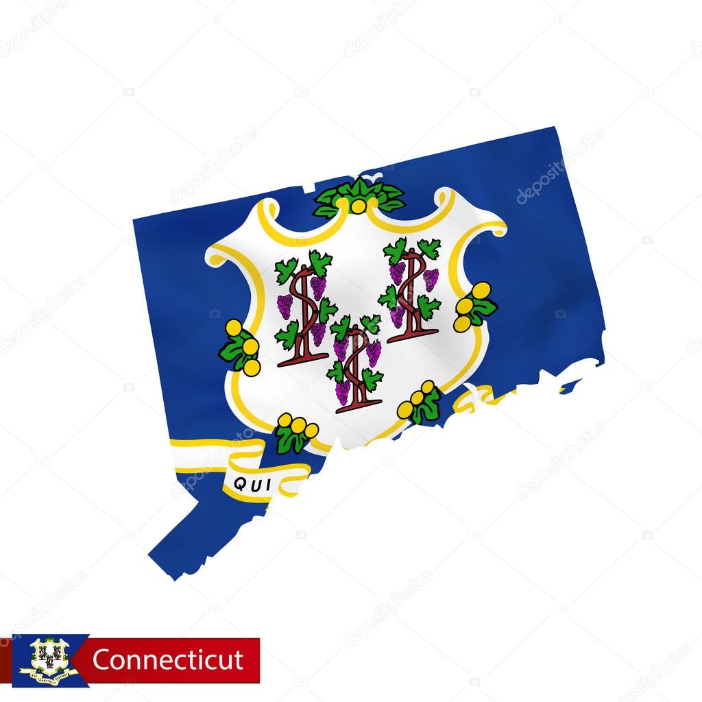 Connecticut state map with waving flag of US State. 