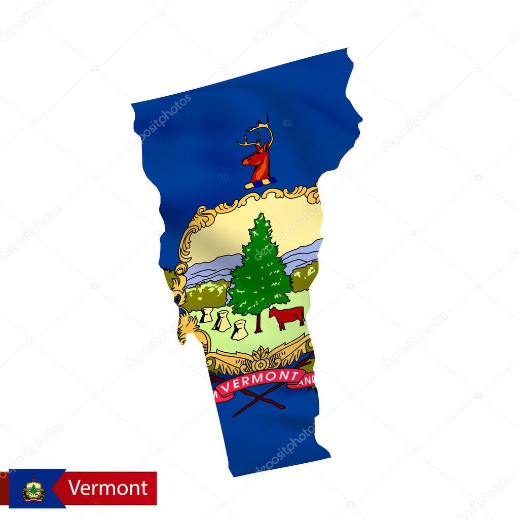 Vermont state map with waving flag of US State. 