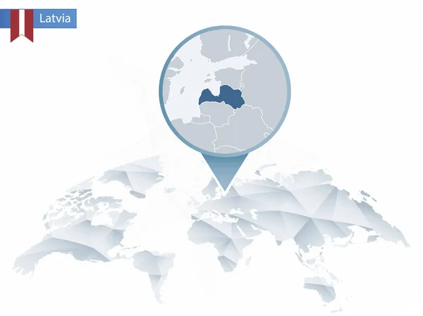 Abstract afgerond wereldkaart met vastgezette gedetailleerde kaart van Letland. — Stockvector