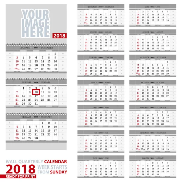 Muro calendario trimestral 2018. Semana a partir del domingo, listo para imprimir . — Vector de stock