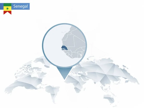 Абстрактная округлая карта мира с приколотой детальной картой Сенегала . — стоковый вектор