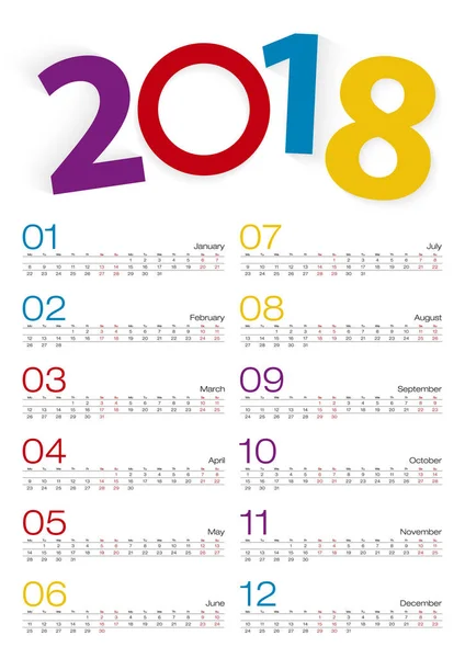 Kalender 2018, den ganzen Monat, 2 Wochen. — Stockvektor