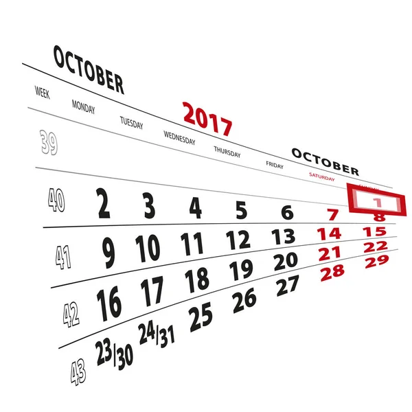 1 ottobre evidenziato nel calendario 2017. Settimana a partire da lunedì . — Vettoriale Stock