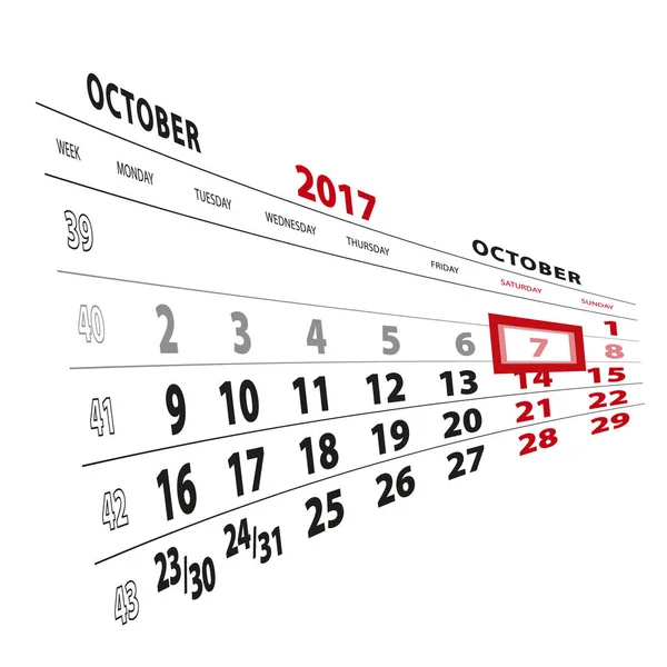 7 Ottobre evidenziato sul calendario 2017. Settimana a partire da lunedì . — Vettoriale Stock