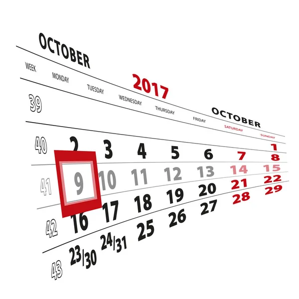 9 października wyróżnione na kalendarz 2017. Tydzień zaczyna się od poniedziałku. — Wektor stockowy