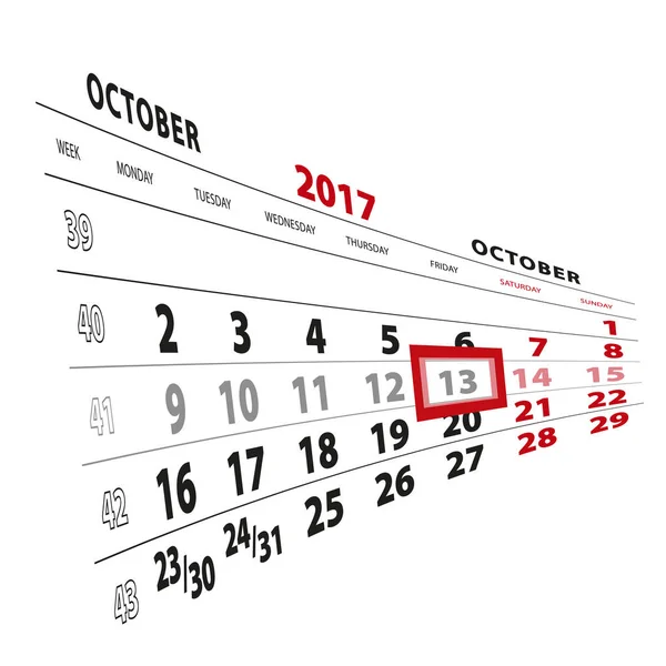 13 października wyróżnione na kalendarz 2017. Tydzień zaczyna się od poniedziałku — Wektor stockowy