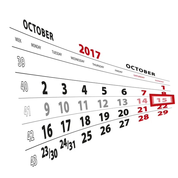 15 października wyróżnione na kalendarz 2017. Tydzień zaczyna się od poniedziałku — Wektor stockowy