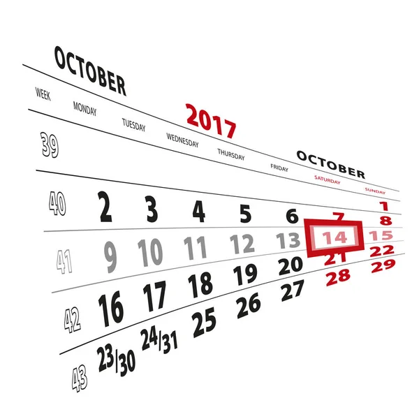 14 October highlighted on calendar 2017. Week starts from Monday — Stock Vector