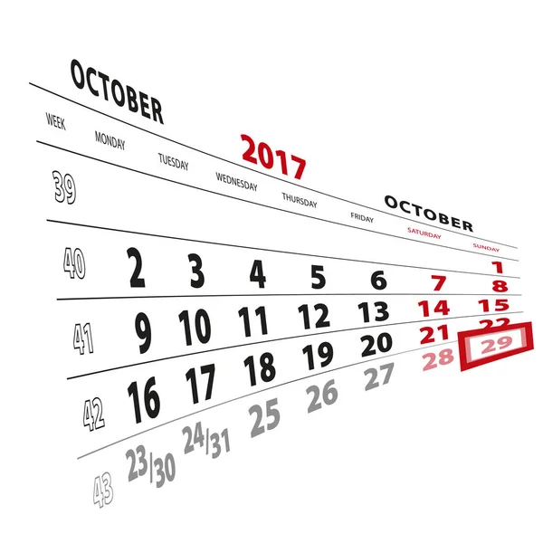 29 października wyróżnione na kalendarz 2017. Tydzień zaczyna się od poniedziałku — Wektor stockowy