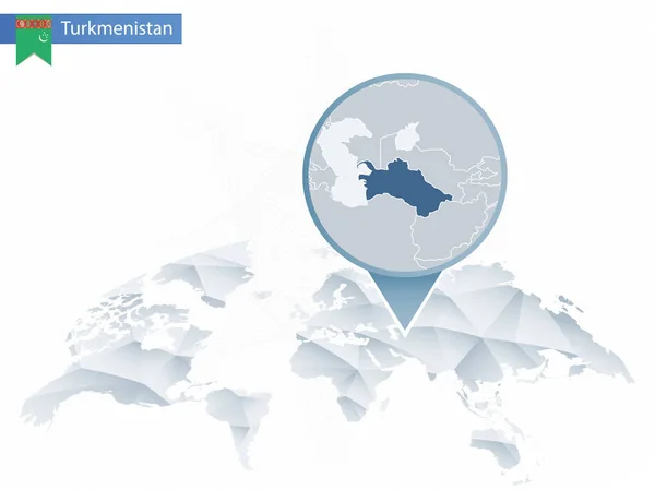 Абстрактная округлая карта мира с приколотой детальной картой Туркменистана — стоковый вектор